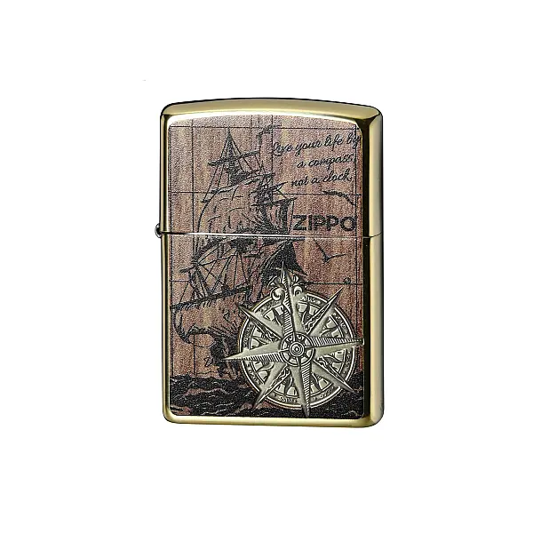 Zippo 日本版木紋黃金羅盤打火機-贈大油
