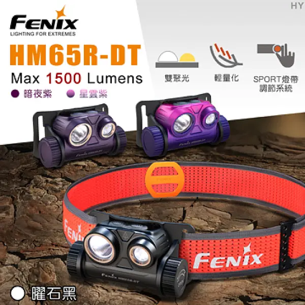 Fenix HM65R-DT 高性能鎂合金越野跑頭燈-曜石黑 1500流明/雙光源/Type-C直充-0