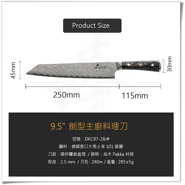 ZHEN臻 德國101層大馬鋼 240mm 劍型主廚料理刀 <單一特價>-0
